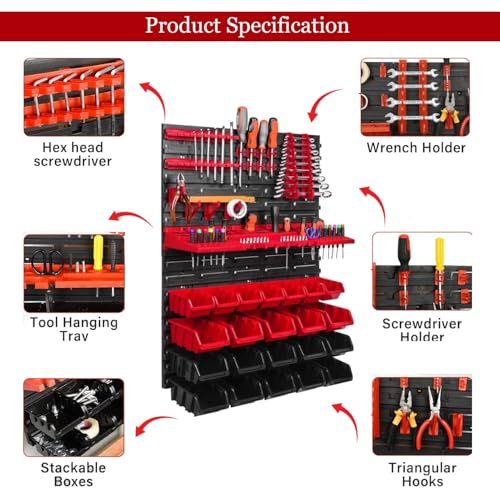 Image of Hukimoyo 28 Bins Wall Mounted Screw Organizer Storage With Screw Holder Set Garage Organizer Bins Plastic Parts Rack Container For Screws, Bolts, Nuts With Pegboard (Red (28 Bins))
