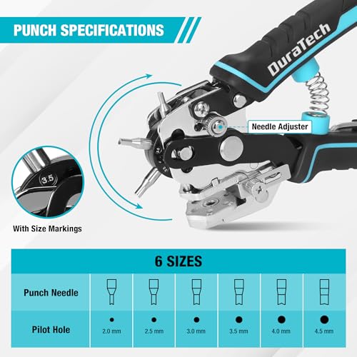 DURATECH Draaibare perforator met 6 verwisselbare stansmaten, ponsgereedschap met liniaal voor leer, riem, stof, papier, kaart, kunststof, tas - Afbeelding 4