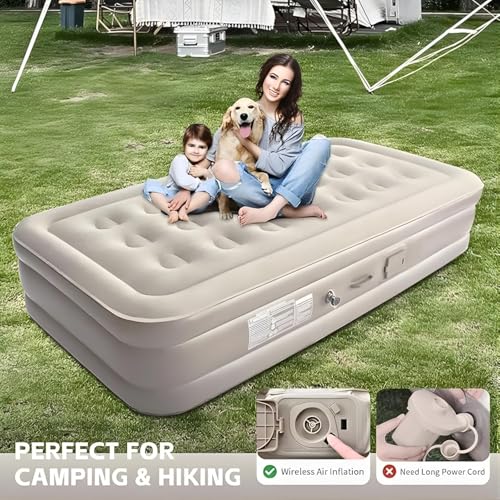 Image of Single Size Inflatable Air Mattress Bed with Built-in Electric Pump, Thick Waterproof PVC Blow Up Air Bed for Home, Travel, Guests & Camping - Portable Comfortable Sleeping Mattress