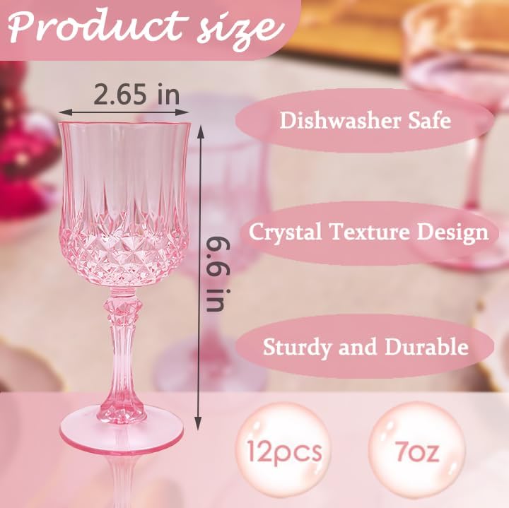 LEYIQU Plastic Wine Glasses, Plastic Goblets Vintage Style Cordial Drinking Glasses for Valentine’s Day, Wedding Reception, Grand Event Party Supplies (12, Pink) - Image 2