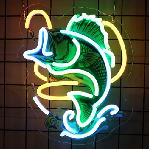 Image of Fishing Neon Sign with UV Printed Backboard, LED Neon Light for Bar, Fishing Room, Man Cave, Garage, Game Room, Nautical Wall Decor