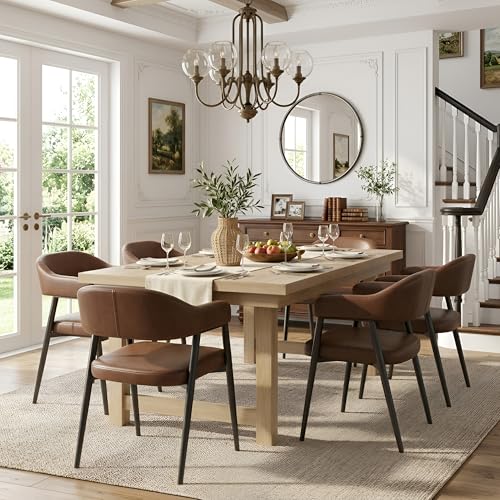 HNY Modern Dining Room Arm Chairs Set of 6, Retro Faux Leather Upholstered Barrel Dining Chairs with Arms Mid-Century Brown Accent Chair with Metal Legs, Open-Back Kitchen Side Chair for Living Room