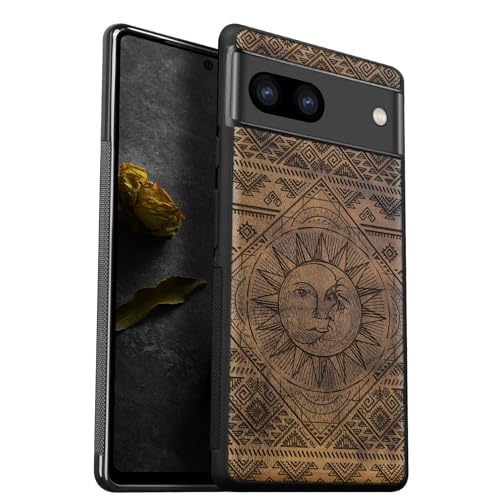 Coque Pixel 8 en bois de noyer véritable gravé Le Soleil et la Lune luxe