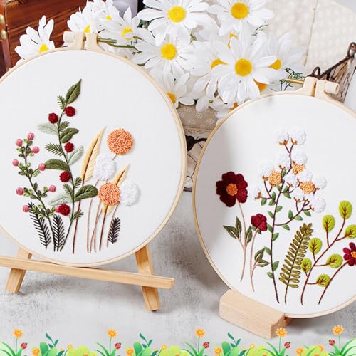 Image of Allazone Flower Embroidery Kit for Beginners, 4 Pack Cross Stitch Kits Needlepoint Kits for Adults with Pattern, Embroidery Hoop Cloth Thread