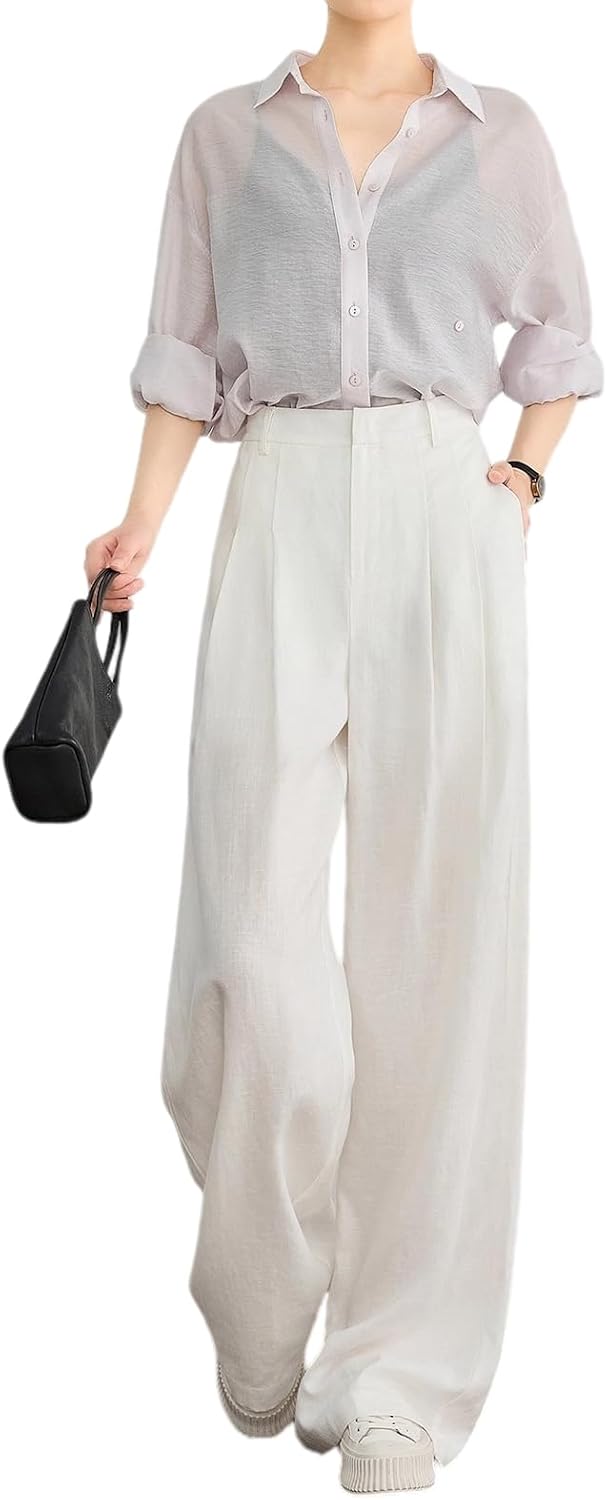 Women's Casual Linen Wide Leg Dress Trousers