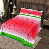 Juicy Watermelon Bedspread Queen,Abstract Fruits Cartoon Bedding Set,Summer Time Watermelon Green Red Gradient Striped,3 Piece Decorative Kids' Quilt Sets with 2 Pillow Shams