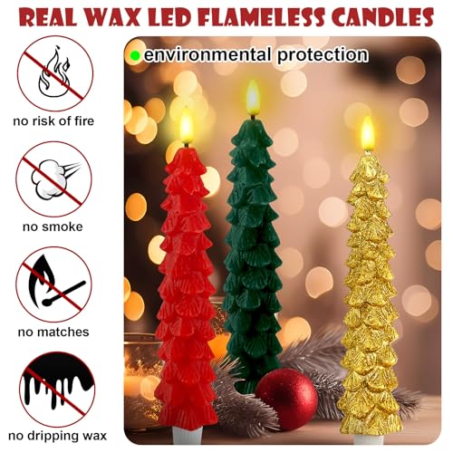 Image of Funtery 6 Pcs LED Christmas Tree Flameless Taper Candles Real Wax Battery Operated Candlestick Lights with 3D Flame and Remote Timer Window Fireplace(Red Green Gold,Christmas Tree)