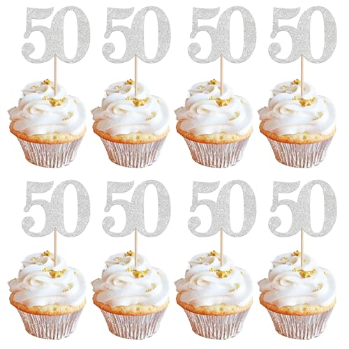 Rsstarxi 36 Pack Number 50 Cupcake Toppers Silver Glitter Cheers to 50 Years Birthday Cupcake Picks Decoration for Happy 50th Birthday Wedding Anniversary Party Cake Decorations