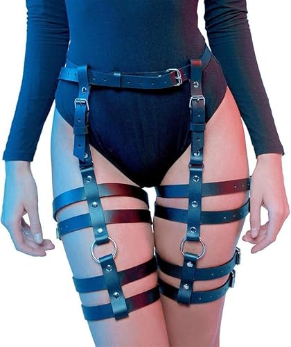Zac's Alter Ego Gothic Faux Leather Steampunk Stud Decor Harness Side Thigh Garter Belt, Adjustable Leg Cage Straps with Metal Buckles