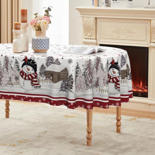 Horaldaily Christmas Tablecloth 60×84 Inch Oval, Red Bordered Pine Pattern Table Cover for Kitchen Dining Christmas Party Decor