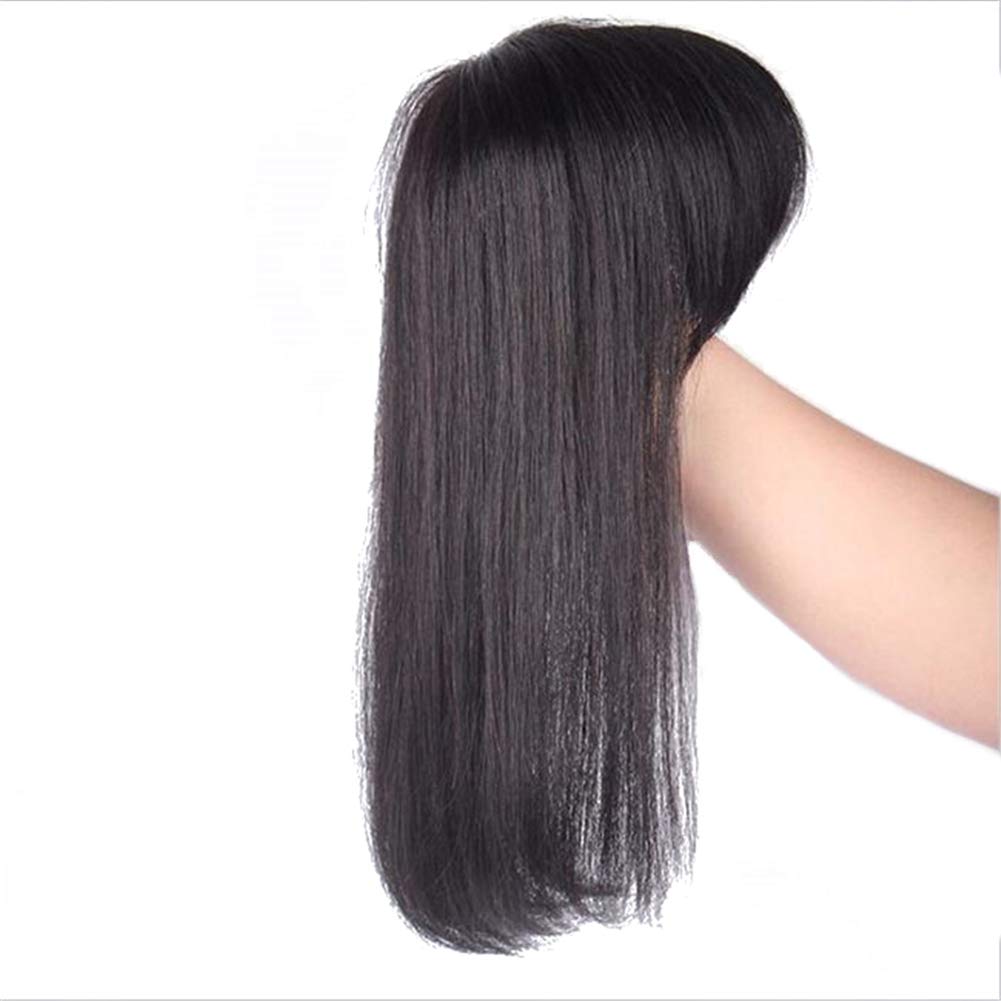 Clip in Real Human Hair Topper with Bangs Hand Making Crown Topper Hairpieces for Thinning Hair, 8" Natural Black