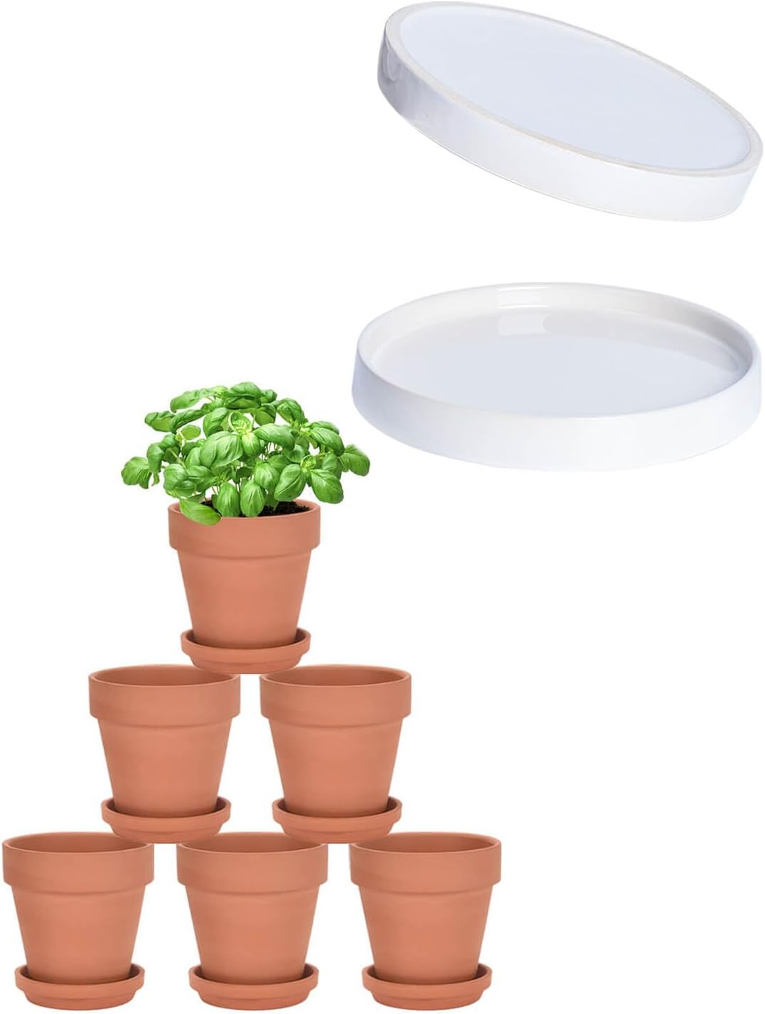 vensovo Large Ceramic Plant Saucer and Terra Cotta Pots with Saucer - 2 Pcs 7 Inch White Ceramic Plant Tray for 6 Pack 5 Inch Clay Pot with Drainage Hole and Great for Indoor or Outdoor