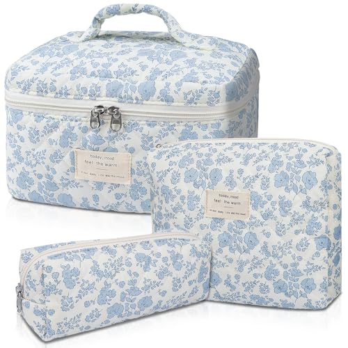Makeup Bag, Large Quilted Cosmetic Bag, Big Floral Make Up Bag for Women Girls, Cute Cotton Makeup Bag Set, Flower Travel Toiletry Organizer Bag (Blue Flower)