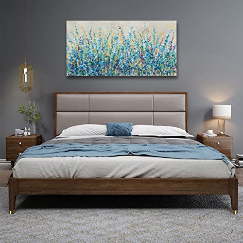 Image of Abstract Floral Canvas Wall Art,Teal Botanical Canvas Pictures Blue Leaf Blossom Spring Painting Wall Decor for Living Room Bedroom Kitchen Home Office Decoration Framed 24 inchX48 inch