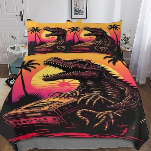 PAZZK Dinosaur 3D Duvet Cover Set Easy Care Quilt Covers With Pillowcases Poly Cotton Soft Bedding Sets 2PCs Set, for Kids Youth Adult Bed Linen Comforter Cover Single (135x200cm)
