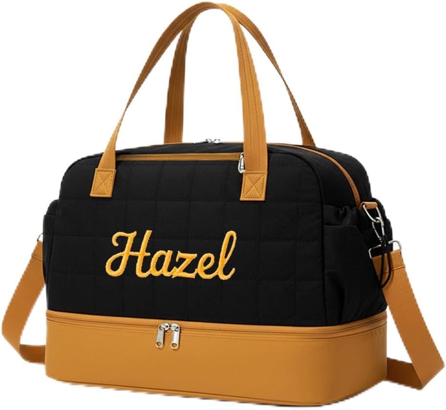 Ulico Personalized Travel Duffel Bag with Embroidered Name ，Custom Large Gym Tote Bag for Women with Shoe Compartment, Carry on Bags for Airplanes,Hospital Bag for Labor and Deliver（black brown）