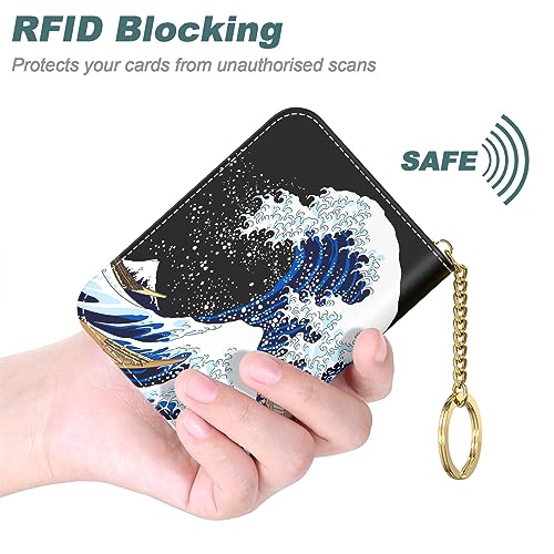 Image of Nipichsha Credit Card Holder, Small RFID Card Wallet for Women, Slim Leather Card Holder Wallet, Japanese Wave, 4.33 x 3.15 x 0.98 inches, Fashions