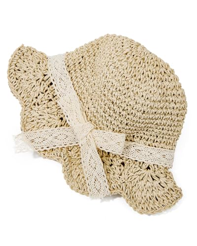 Century Star Baby Girls Straw Sun Hats for Infant Kids Summer Beach Hat for Toddler with Bow A02 Beige 12-24 Months - Thumbnail 4
