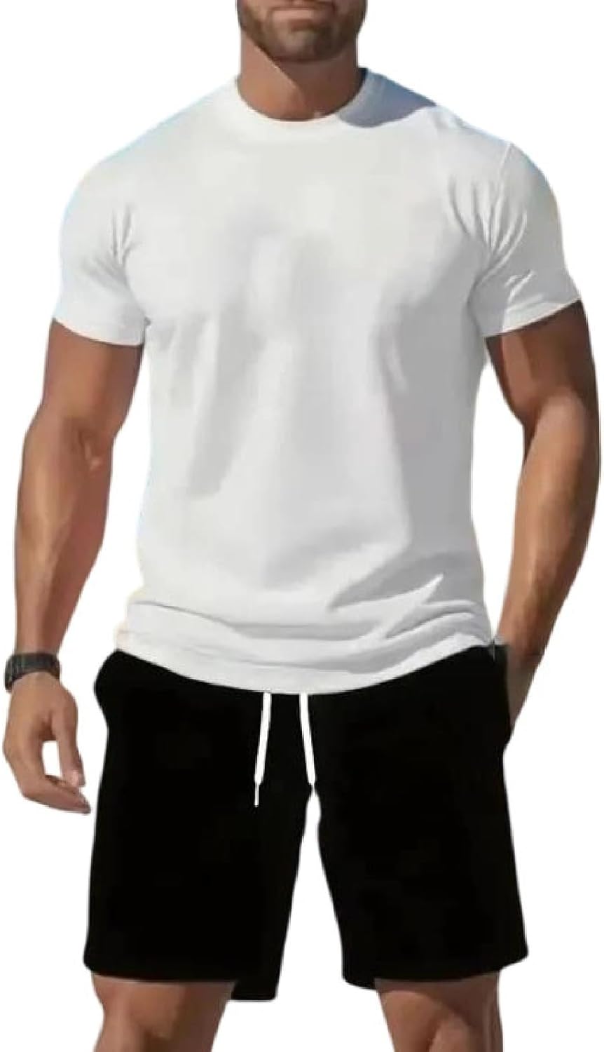 Men's Summer Solid Color T-Shirt And Shorts Set Casual Loose Fit Round Neck Lightweight Outfit