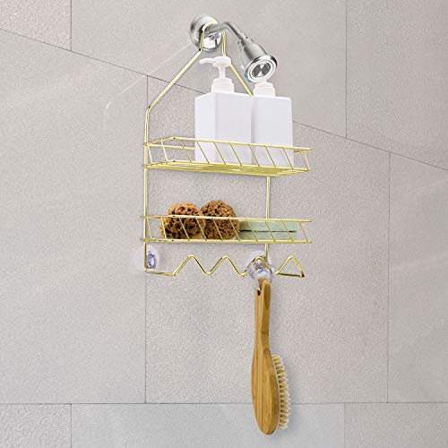 Mygift Brass Plated Metal Shower Caddy Over Shower Head Hanging Bathroom Organizer Rack With Suction Cup #TOP2