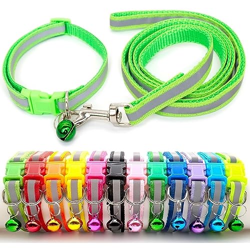 Small Dog Puppy Pet Collar and Lead Set Reflective Hi-Vis Strip Nylon Adjustable Size 19-32cm Collar with Bell and 120cm Leash Lime Green
