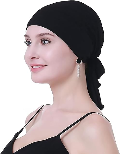 Elastic Turbans for Women, Soft Turban Head Wrap, Headwear Knotted Beanie Cap, Cap Hair Loss Hat, Breathable Solid Color Turban Tie Large Headband Womens Turban Style Hat for Girls Ladies (Black)