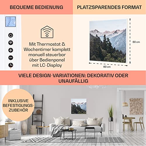 Klarstein Infrarotheizung mit Thermostat, 350W Elektroheizung, Smart Home Bild- Infrarotheizung zur Wandmontage, IR mit IoT/ WiFi App- Control, Feuchtraum Heizkörper CO2- Frei, Elektro Wand Heizung 60×60-6
