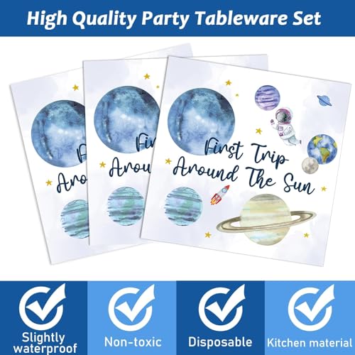 Image of ZOIIWA 200 PCS First Trip Around the Sun Birthday Tableware Disposable 1st Space Party Supplies Outer Space Birthday Party Paper Plates Napkins Forks Baby Shower Decoration Serve 50 guest
