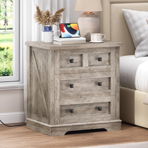 HOOBRO Farmhouse Nightstand with Charging Station, 23.6 Inch Wide End