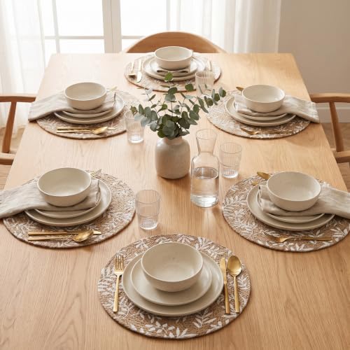 Image of GAZELLE LIVING Round Braided Dining Table Mat | Brown Floral Woven Placemats | Heat Resistant Washable Cotton Blend Table Place Mats for Kitchen & Boho Decor | 15 Inch | Set of 2