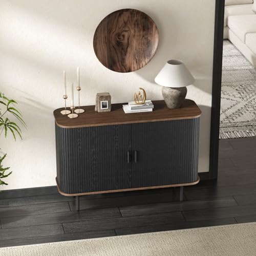 47''W x 32''H Black Buffet Sideboard Cabinet with Storage, Fluted Accent Storage Cabinet with Curvy Edge; Sliding Door, Freestanding Credenza, Console Table for Living Room, Kitchen, Hallway - Thumbnail 4