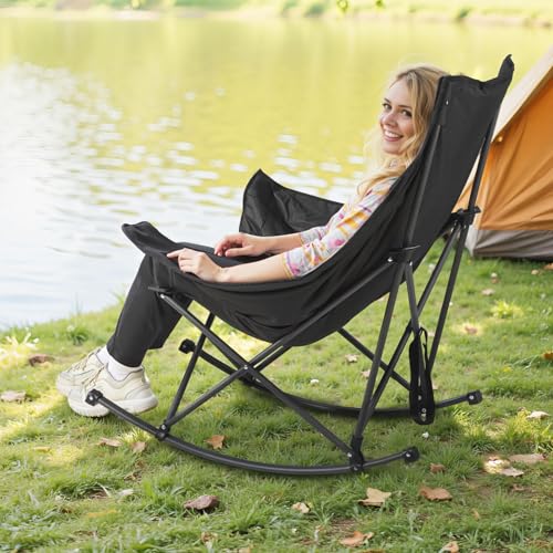 VEVOR Rocking Camping Chair, Portable Folding Rocker, Heavy-Duty Lawn Chair Recliner with Pocket, Supports 225lbs, Fully Padded Camp Chairs for Outdoor Patio Backyard Porch Garden by VEVOR - Used condition - Image 2