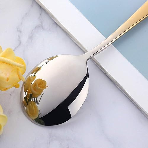 Miniatura 4 de Buyer Star Juego de cucharas de caldo, cucharas de sopa redondas de 7 pulgadas, cucharas de cena de mesa con acabado de acero inoxidable (dorado