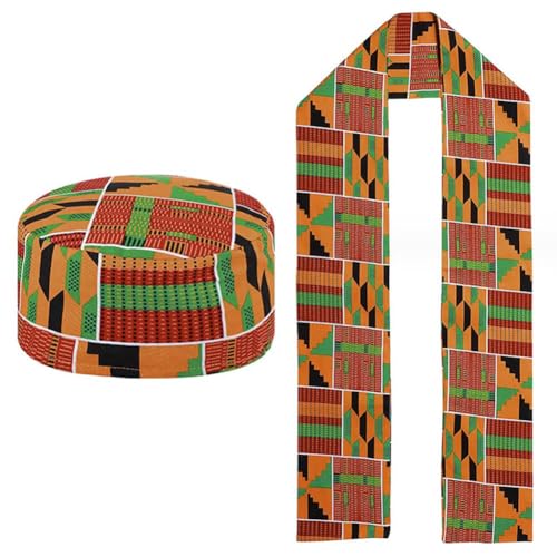 BAOZOON 2 Pcs African Kente Pattern Kufi Hat and Kente African Print Stole Sash Shawl for Black African History Men Women Kid