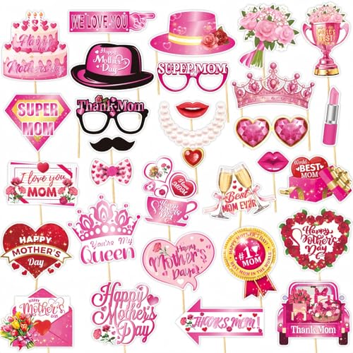 30 Stück Requisiten für die Fotobox zum Muttertag, „I Love You Mom“ Muttertag, rosa Deko für die Beste Mama als Geburtstags- oder Festtagsgeschenk, Requisiten für die Party