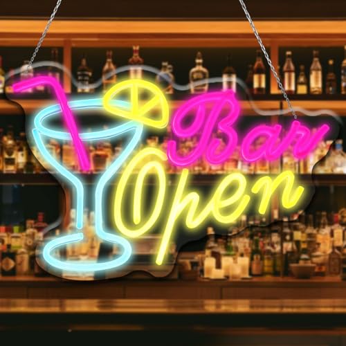 Bar Open Neon Bar Sign, USB Dimmable Cocktails Neon Lights for Wall Decor, Pub, Club, Bar, Party, Gift
