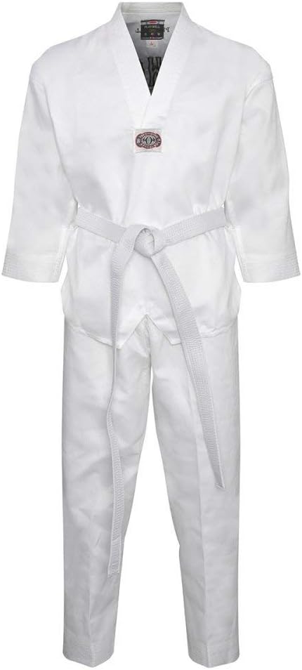 Playwell Elite Korean Taekwondo Uniform White V-Neck with Embroidery - White, 2/150 cm