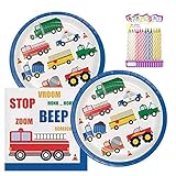 Traffic Jam Birthday Party Supplies Pack for 16 Guests – Includes 9' Plates, Luncheon Napkins, and Birthday Candles – Transportation Theme Party Set for Toddlers and Kids