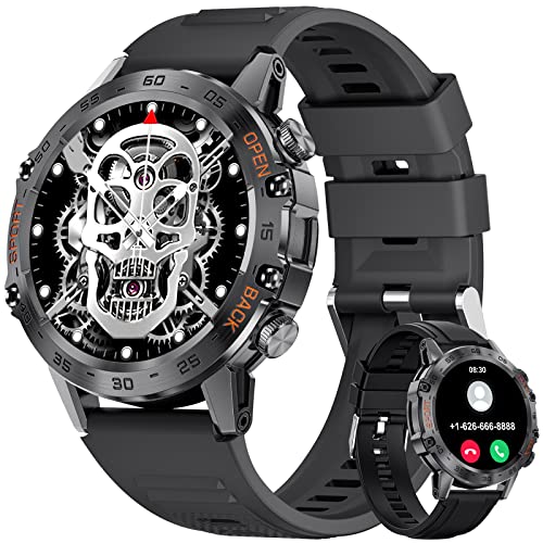 FEELNEVER Reloj inteligente militar para hombre, relojes inteligentes con llamadas de voz Bluetooth, compatible con teléfono Android iOS, reloj inteligente con monitor de sueño de presión SpO2 de