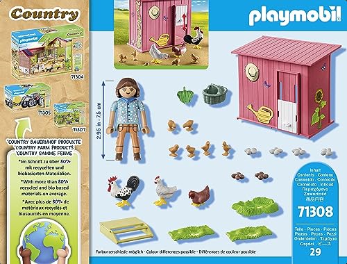 Playmobil 71308 Agricultrice et poulailler - Country - avec Un Personnage, Un poulailler et des Animaux - Gamme Ferme avec Plus de 80% de matériaux recyclés ou biosourcés en Moyenne - Dès 4 Ans