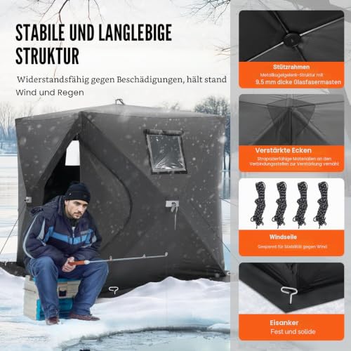 VEVOR Tragbares Eisangelzelt, Pop-Up-Zelt zum Eisfischen für 1–2 Personen, Angelzelt 300D-Oxford-Gewebe, Anglerschirm zum Winterfischen, Zelt mit Ankern/Seil/Tragetasche, 1,5x1,5x1,65m, Schwarz