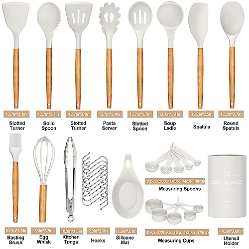 Umite Chef Kitchen Cooking Utensils Set, 33 Pcs Non-Stick Silicone Cooking Kitchen Utensils Spatula Set With Holder, Wooden Handle Silicone Kitchen Gadgets Utensil Set (Cream White) #TOP2