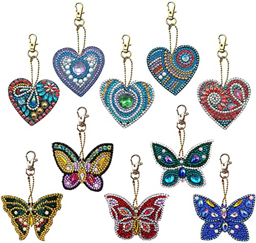 VEGCOO 10 Stück DIY 5D Diamond Art Painting Schlüsselanhänger Rhinestone Pasted Diamant Malerei Schlüsselbund Stickerei Kunst Handwerk Anhänge (5 Schmetterling und 5 Herz)