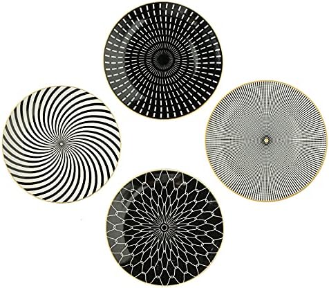 YCBH 8 Inch Set of 4 Assorted Designs, Porcelain Plates With Patterns,Black Ceramic Dessert Plates, Dishware with Golden Rim for Sandwiches Salad Pasta, Microwave Oven Dishwasher Safe (A)