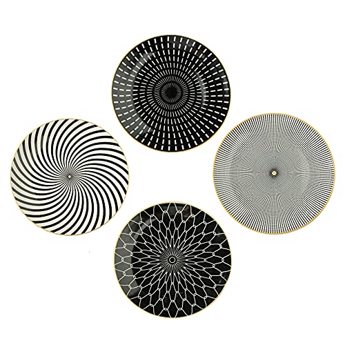 YCBH 8 Inch Set of 4 Assorted Designs, Porcelain Plates With Patterns,Black Ceramic Dessert Plates, Dishware with Golden Rim for Sandwiches Salad Pasta, Microwave Oven Dishwasher Safe (A)