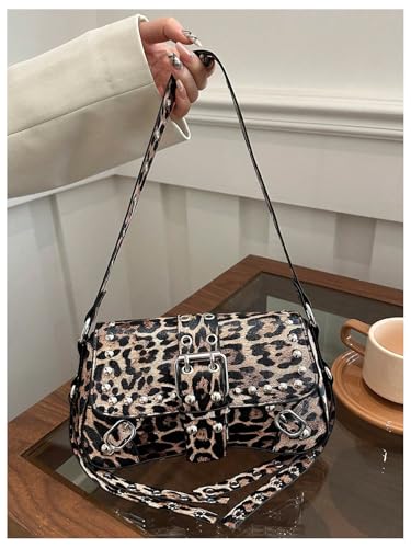 Women's Y2K Punk Cheetah Rivet Underarm Bags Buckle Small Shoulder Handbags Purse3