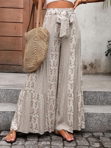 Women's Summer Ethnic Pattern Shirred Tie Front Wide Leg Vintage Pants, Boho Casual Patchwork Trousers for Beach Vacation2
