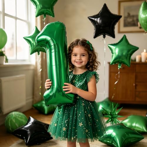 Image of TONIFUL 1st Birthday Balloons 40 Inch Green Large Number 1 Foil Balloon 18 Inch Helium Mylar Heart Star Shaped Ballons for Boys Men Birthday Anniversary Graduation New Year Eve Party Decoration