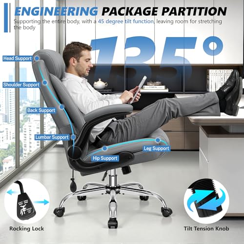 Image of BestGlory Executive Office Chair with Lumbar Support, Big and Tall Ergonomic Computer Desk Chair, Leather Comfy High Back Gaming Chair with Flip Up Arms & Rocking Function for Home Office, Gray