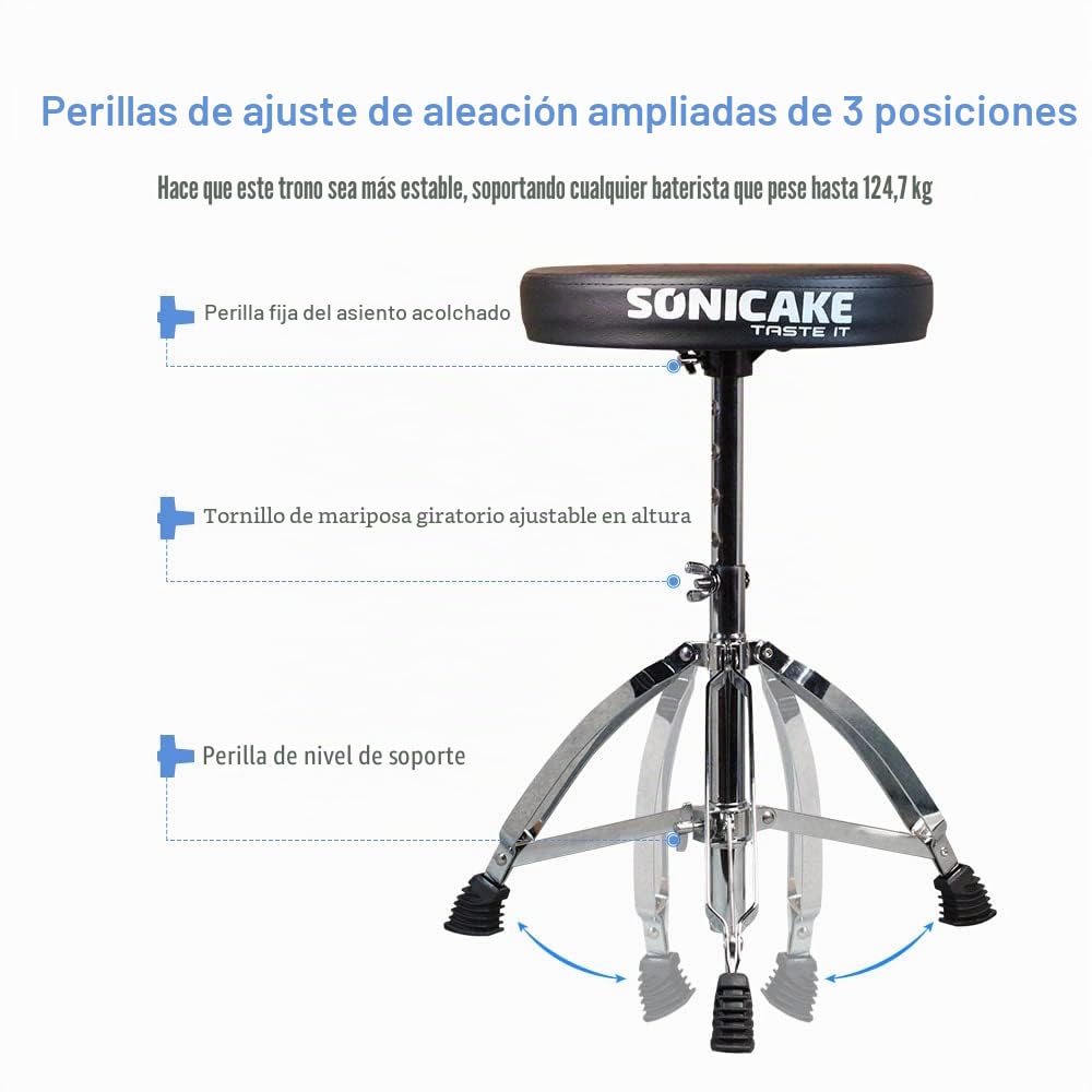 SONICAKE Taburete para batería Ajustable en Altura Taburete de batería Plegable con Asiento Acolchado Antideslizante Negro